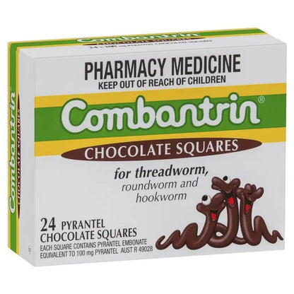Box of Combantin Chocolate Squares for threadworm, roundworm, and hookworm treatment on a white background.